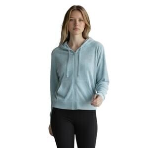 Colsie Women's Velour Hoodie Top M Blue Ribbed Knit Zip Up Cropped Long Sleeve